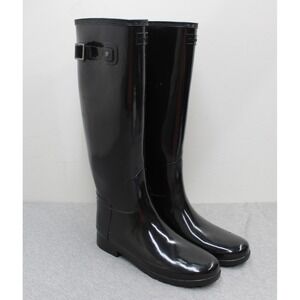 Hunter Boots Women 8 Black Original Refined Tall Gloss Waterproof Rain Boots